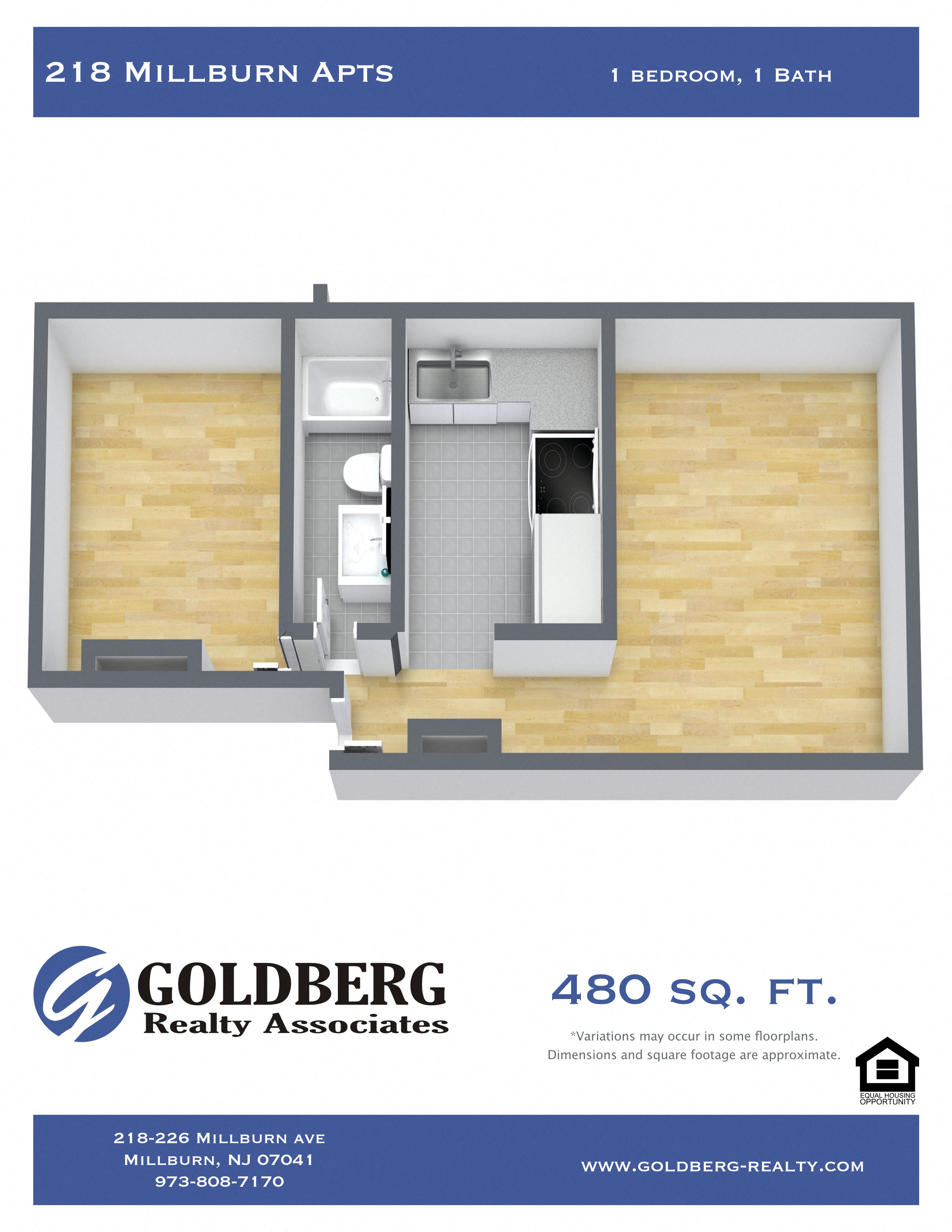 Floor plan for 1 bed, 1 bath, 480 sqft
